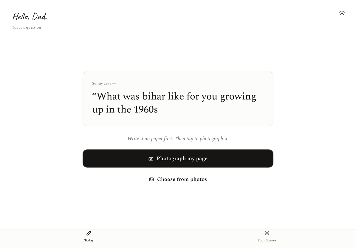 Longhand on iPad — today's question, 'What was Bihar like for you growing up in the 1960s?', with a button to photograph the handwritten page