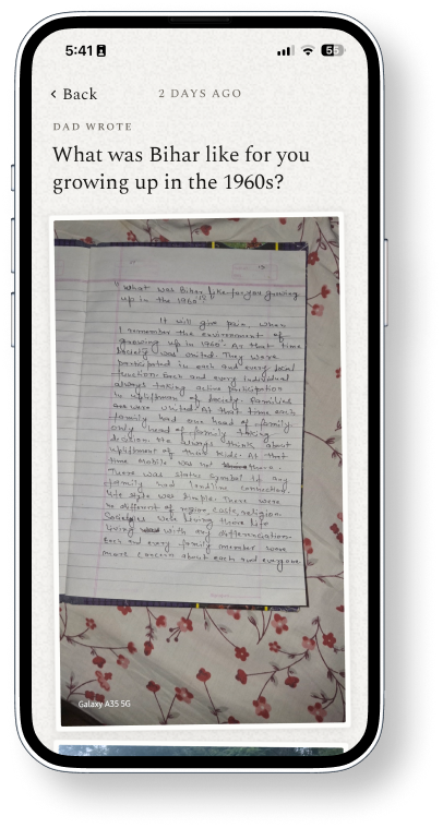 Longhand on iPhone — Dad's handwritten story answering what Bihar was like growing up in the 1960s